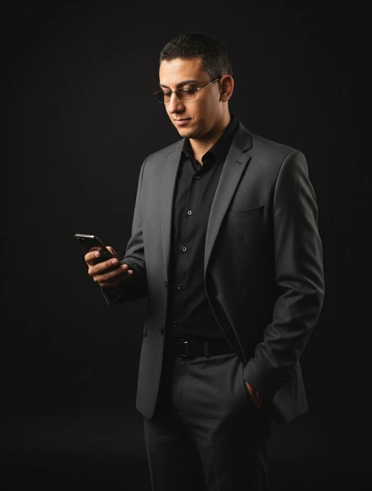 Thiago Bueno de terno, segurando um telefone